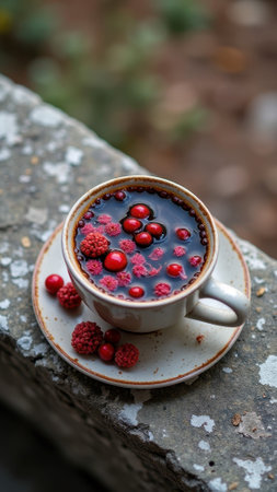 Cup of berry-infused herbal tea with natural stone background. That the image is generated using AI.の素材