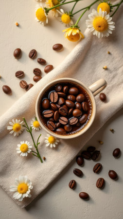 Coffee cup with beans and chamomile flowers on beige fabric background. That the image is generated using AI.の素材