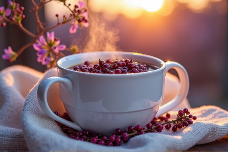 Warm berry tea in white cup at sunrise with blossoms. That the image is generated using AI.の素材