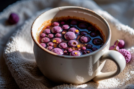 Warm beverage in cup with bubbles and purple spheres on knit blanket. That the image is generated using AI.の素材