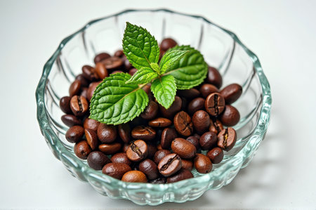 Fresh mint leaves with roasted coffee beans in glass bowl. That the image is generated using AI.の素材