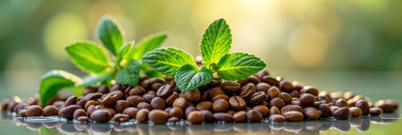 Fresh mint leaves and coffee beans on reflective surface with sunlit background. That the image is generated using AI.の素材
