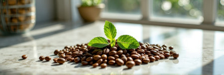 Fresh coffee beans with green sprout on kitchen counter. That the image is generated using AI.の素材