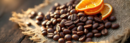 Rich coffee beans on burlap with fresh orange slices in sunlight. That the image is generated using AI.の素材