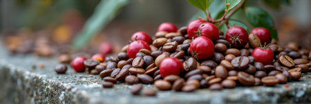 Coffee beans and red berries on stone surface with green leaves. That the image is generated using AI.の素材