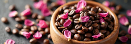 Coffee beans with pink petals in wooden bowl on dark background. That the image is generated using AI.の素材