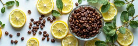 Coffee beans and fresh lemon slices with green leaves on white background. That the image is generated using AI.の素材