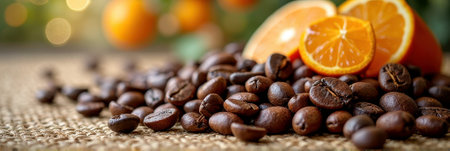 Coffee beans and fresh oranges on rustic burlap with bokeh background. That the image is generated using AI.の素材
