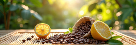 Fresh coffee beans and citrus arrangement in sunlit garden setting. That the image is generated using AI.の素材