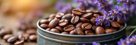 Fresh coffee beans in metal container with purple lavender flowers surrounding. That the image is generated using AI.の素材