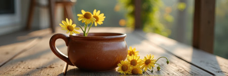 Rustic brown mug with yellow flowers on wooden table in sunlight. That the image is generated using AI.の素材