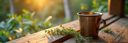 Rustic copper mug on wooden table with sunlit herb in serene morning garden setting. That the image is generated using AI.の素材