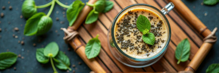 Minty coffee delight: fresh mint leaves and rich espresso fusion. That the image is generated using AI.の素材