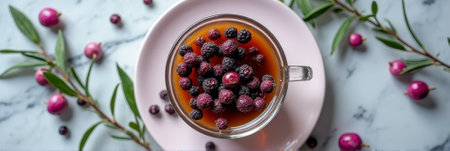 Top view of herbal tea with fresh berries on marble surface. That the image is generated using AI.の素材