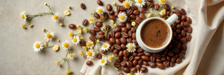 Cup of coffee surrounded by chamomile flowers and coffee beans on textured surface. That the image is generated using AI.の素材