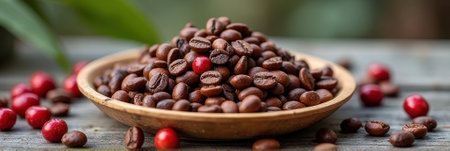 Fresh arabica coffee beans and cherries in wooden bowl outdoors. That the image is generated using AI.の素材