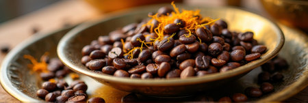 Roasted coffee beans with saffron garnish in rustic bowl. That the image is generated using AI.の素材