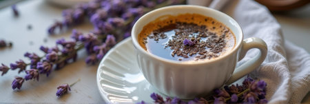 Lavender-infused coffee in white cup with saucer on table. That the image is generated using AI.の素材