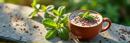 Mint chocolate latte in a cozy outdoor setting with fresh mint leaves. That the image is generated using AI.の素材