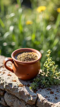 Herbal tea in clay cup on stone wall with greenery and flowers. That the image is generated using AI.の素材