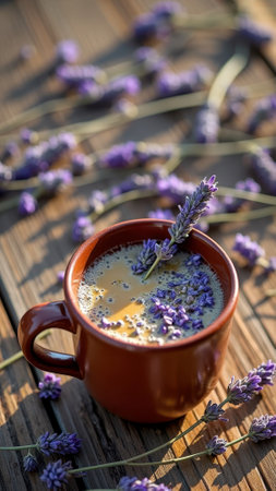 Warm coffee in red mug with lavender blooms on wooden table. That the image is generated using AI.の素材