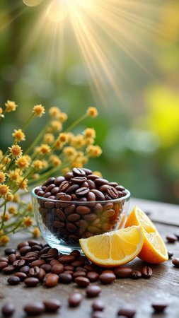 Fresh coffee beans and citrus slices with sunlit floral background. That the image is generated using AI.の素材