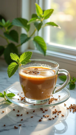 Fresh mint iced coffee in sunlit glass cup on marble surface by window. That the image is generated using AI.の素材