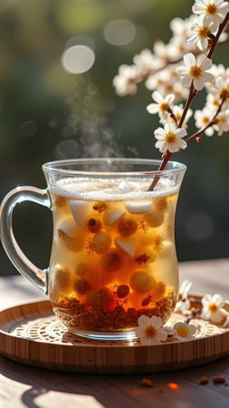 Warm herbal tea with blossoms in sunlit garden setting. That the image is generated using AI.の素材