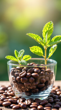 Fresh mint and coffee beans in glass bowl with sunlit background. That the image is generated using AI.の素材