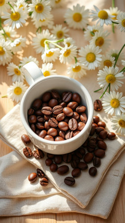 Coffee beans in white mug surrounded by daisies on wooden table. That the image is generated using AI.の素材
