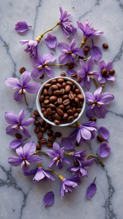 Purple flowers and coffee beans on marble surface. That the image is generated using AI.の素材