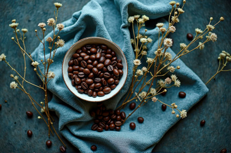 Rustic coffee beans in bowl with dried flowers on blue fabric background. That the image is generated using AI.の素材