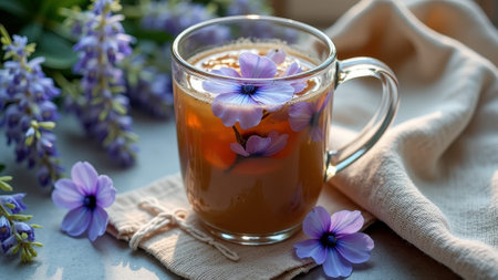 Glass mug of herbal tea with floating purple flowers on linen napkin. That the image is generated using AI.の素材