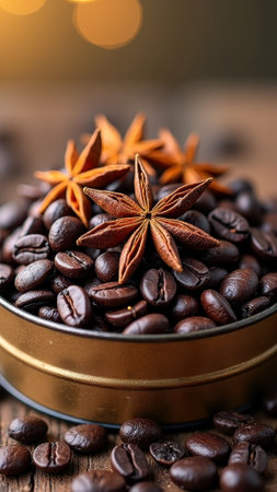 Aromatic coffee beans with star anise in metallic bowl on rustic table. That the image is generated using AI.の素材