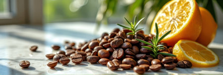 Coffee beans and fresh lemon slices with rosemary on a sunlit surface. That the image is generated using AI.の素材