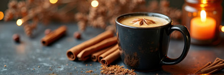 Cozy autumn scene with spiced coffee mug and cinnamon sticks by candlelight. That the image is generated using AI.の素材