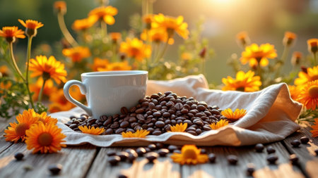 Morning coffee with sunlit marigolds and rustic beans on wooden table. That the image is generated using AI.の素材