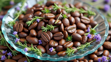 Aromatic coffee beans with fresh lavender on glass plate. That the image is generated using AI.の素材