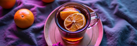 Aromatic tea with citrus slices on wooden plate in cozy setting. That the image is generated using AI.の素材