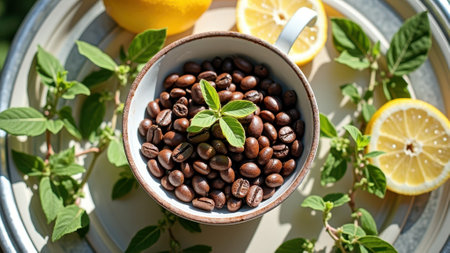 Coffee beans in cup with fresh lemon slices and green leaves on sunlit background. That the image is generated using AI.の素材
