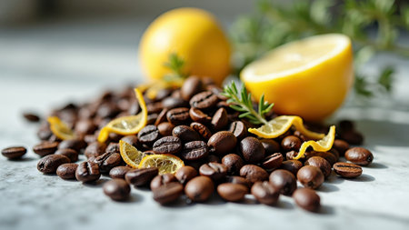 Coffee beans with citrus and rosemary on marble surface. That the image is generated using AI.の素材