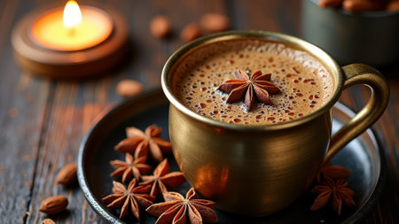 Warm spiced coffee mug with star anise and almonds on rustic table by candlelight. That the image is generated using AI.の素材