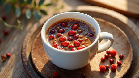 Warm spiced cranberry tea in white mug on rustic wooden tabletop. That the image is generated using AI.の素材