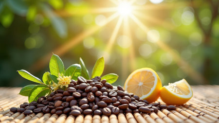 Sunlit coffee beans and lemons on woven mat with green foliage. That the image is generated using AI.の素材