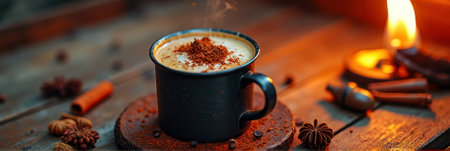 Steaming hot coffee in black mug with spices on rustic table by candlelight. That the image is generated using AI.の素材