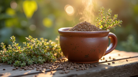 Herbs and spices in rustic clay cup with sunlit garden background. That the image is generated using AI.の素材