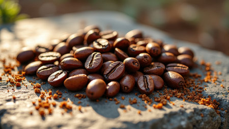 Close-up of coffee beans on sunlit stone surface with natural light. That the image is generated using AI.の素材