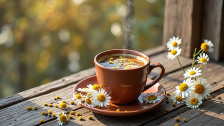 Hot chamomile tea on wooden deck with daisies in sunny morning. That the image is generated using AI.の素材