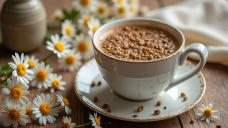 Cup of chamomile and coffee with chamomile flowers on wooden table. That the image is generated using AI.の素材