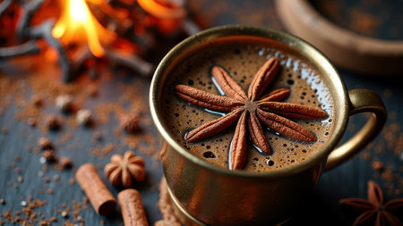 Warm spiced coffee in brass mug with cinnamon and star anise. That the image is generated using AI.の素材